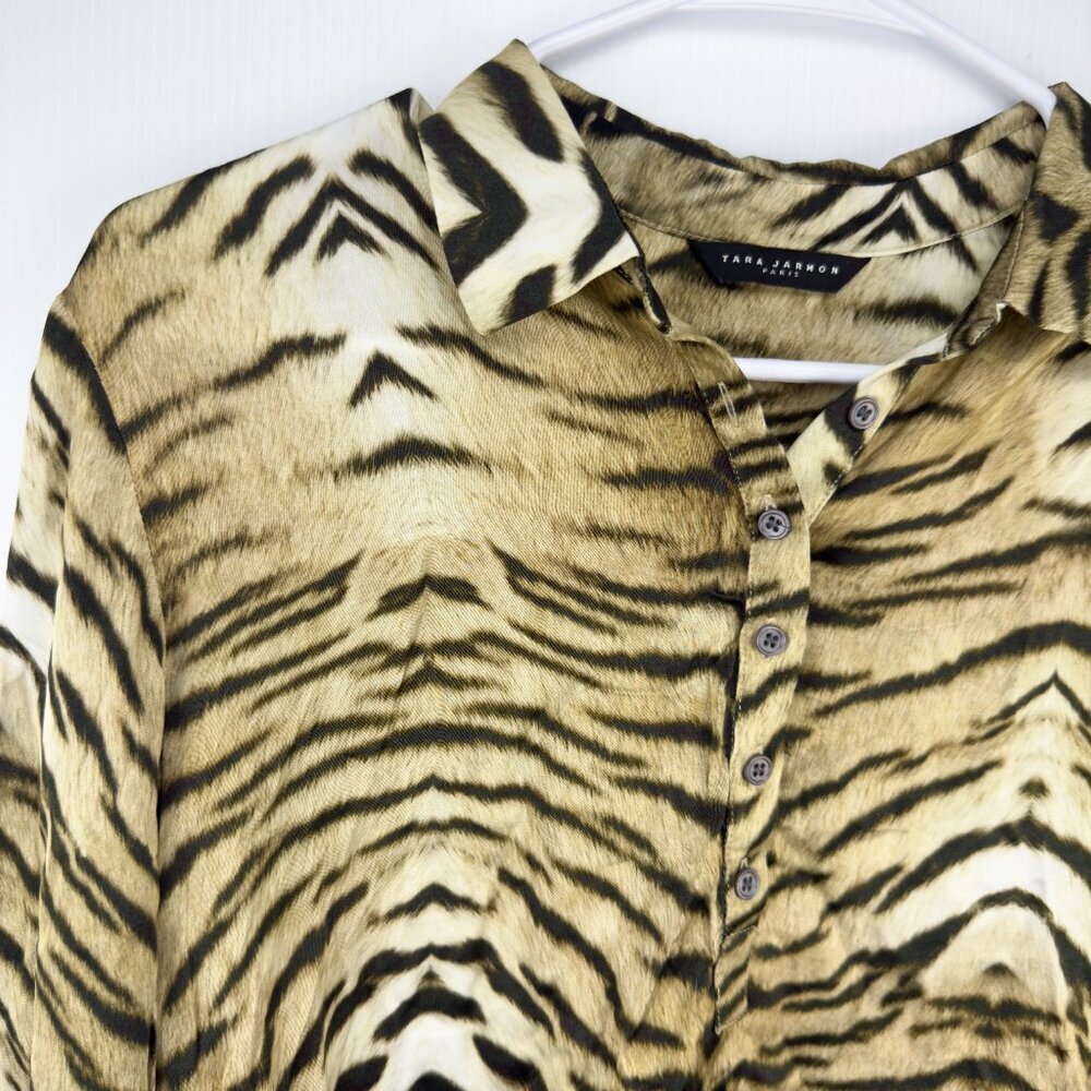 TARA JARMON Designer Beige Takki Zebra Tiger Print Button-Up Maximalist Top sz M - Picture 7 of 10